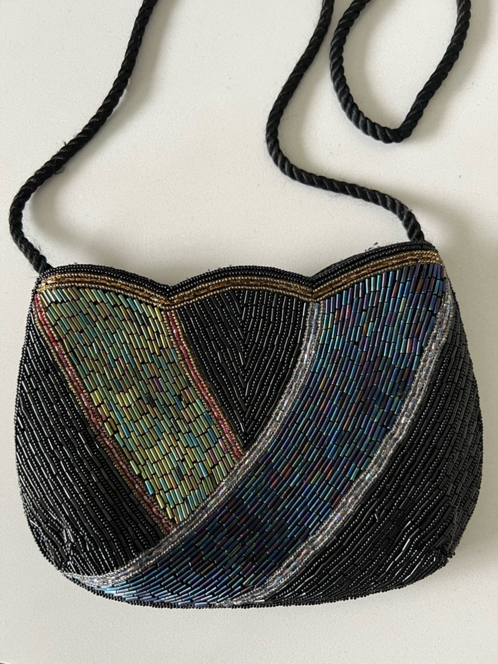 Vintage Beaded Evening Purse Scallop Top and Rope Strap